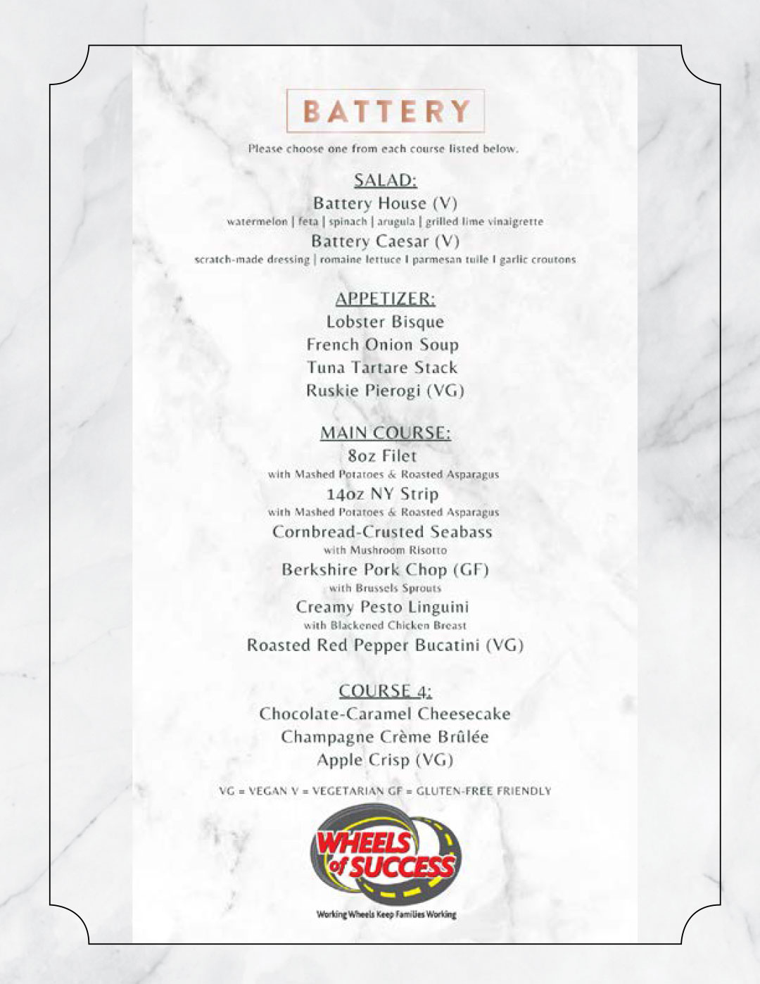 Winner Dinner October 2023 menu